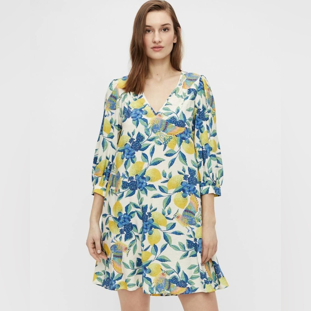 .object floral bird lemon print tropical dress size small